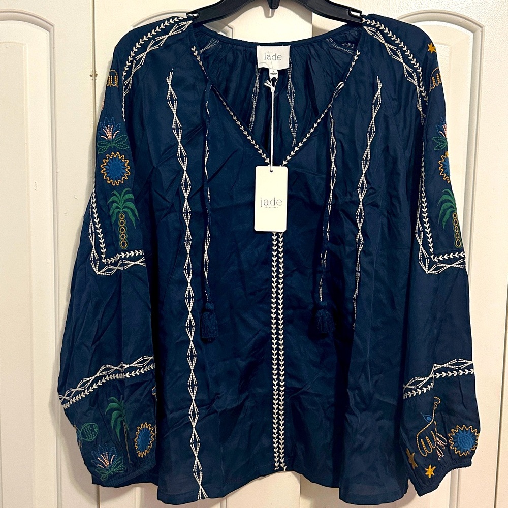 NWT Johnny Was  Navy Blouse with embroidered most on sleeves